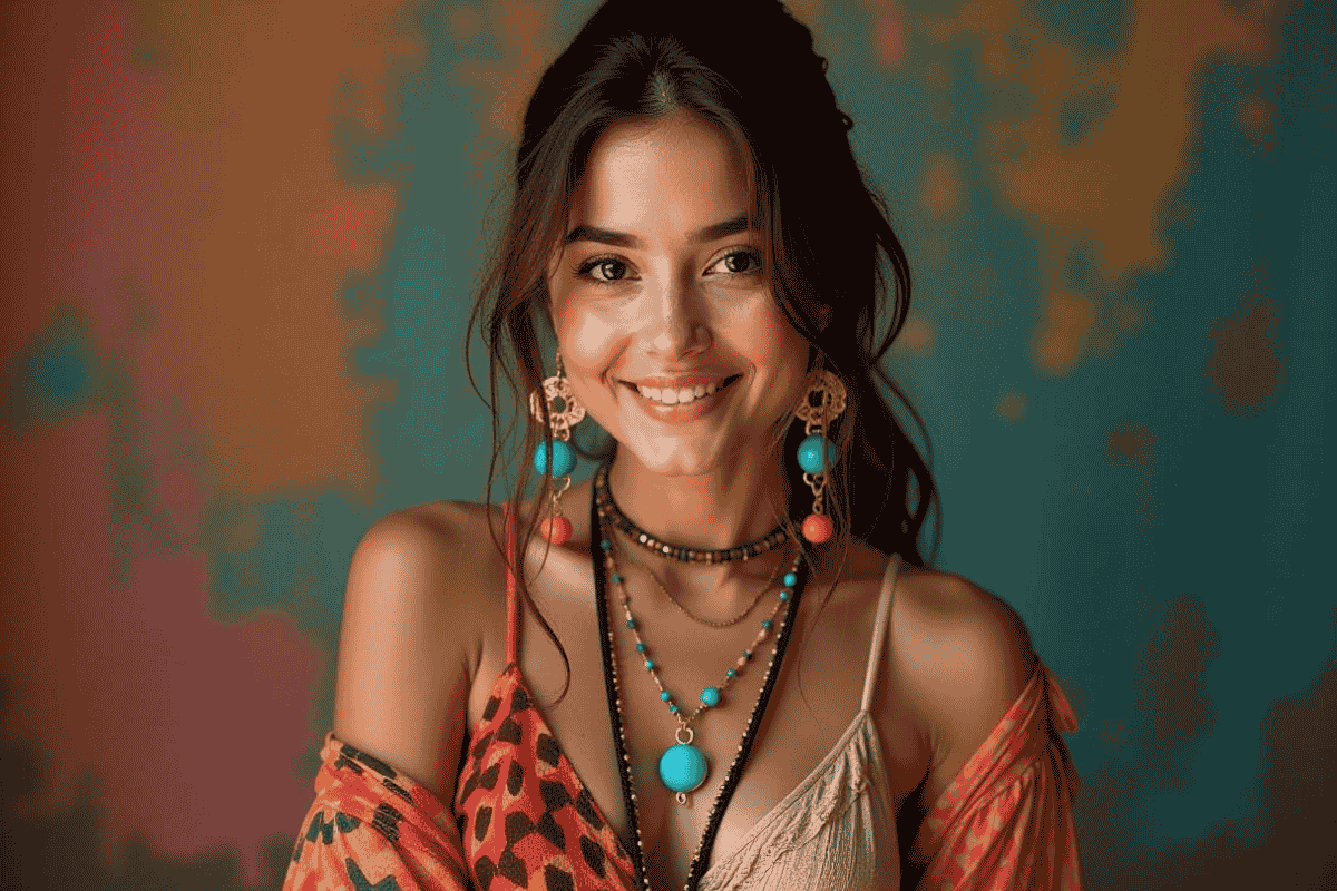A stylish woman showcasing artistic jewelry trends for 2025, featuring bold earrings, a vintage-inspired necklace, and a handcrafted bracelet.