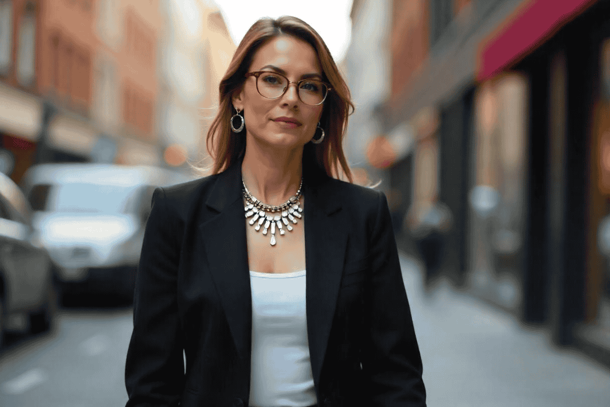 Professional woman in elegant work attire wearing a stylish necklace and earrings, showcasing the best jewelry for professional and formal events.