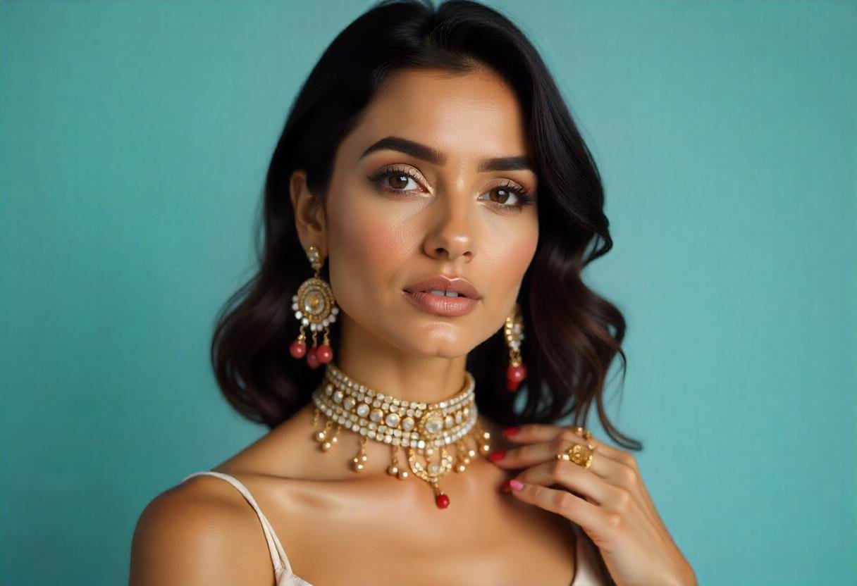 Elegant woman wearing modern jewelry showcasing jewelry trends 2025, including statement necklaces and rings.