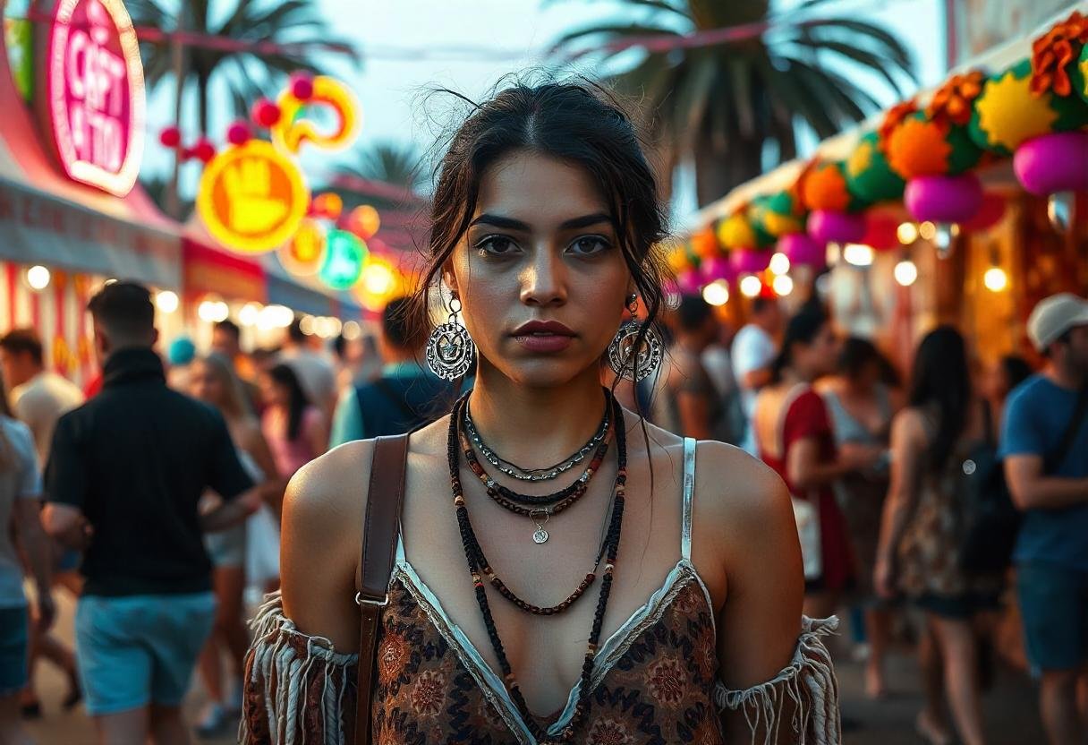 "Stylish Boho fashionista wearing layered Bohemian jewelry at a vibrant festival, surrounded by lush greenery and colorful festival decorations."