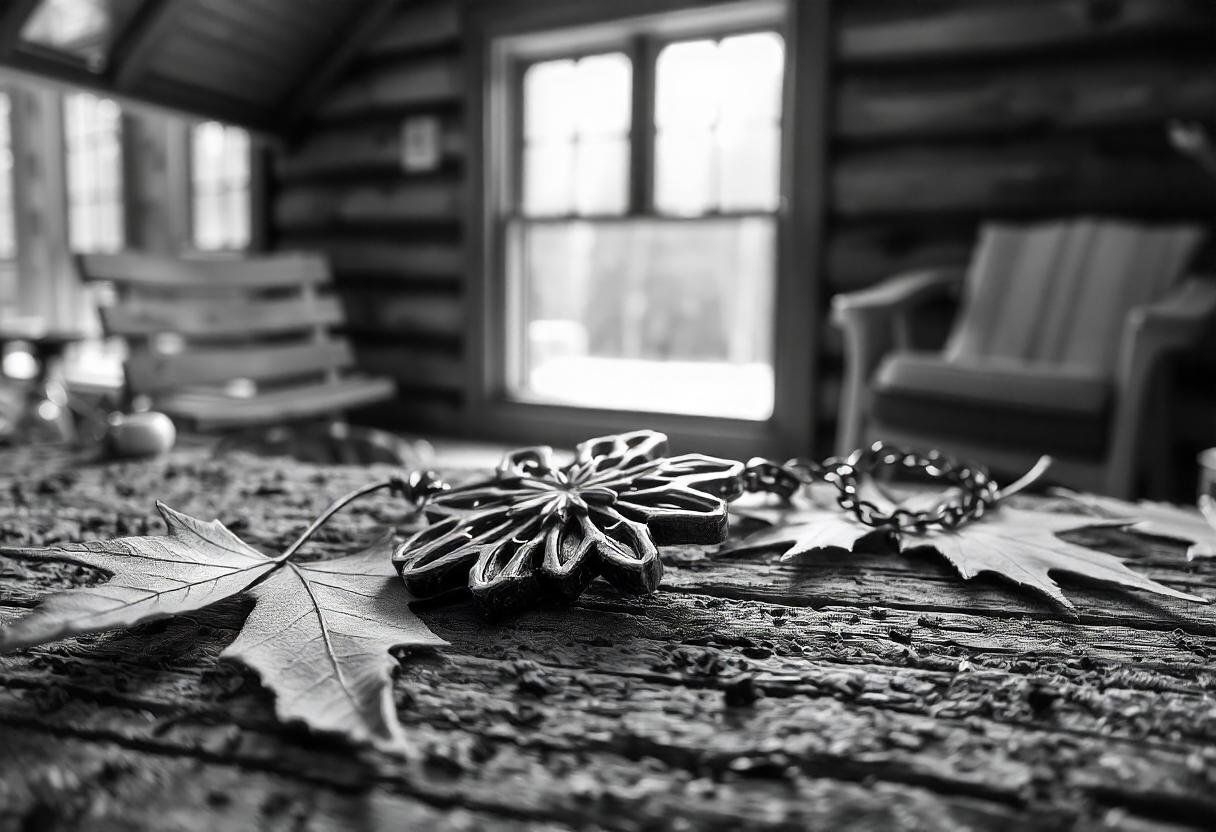 "A collection of beautiful Canadian-made jewelry pieces, including necklaces, earrings, and bracelets, displayed against a backdrop of maple leaves, showcasing local craftsmanship and national pride."