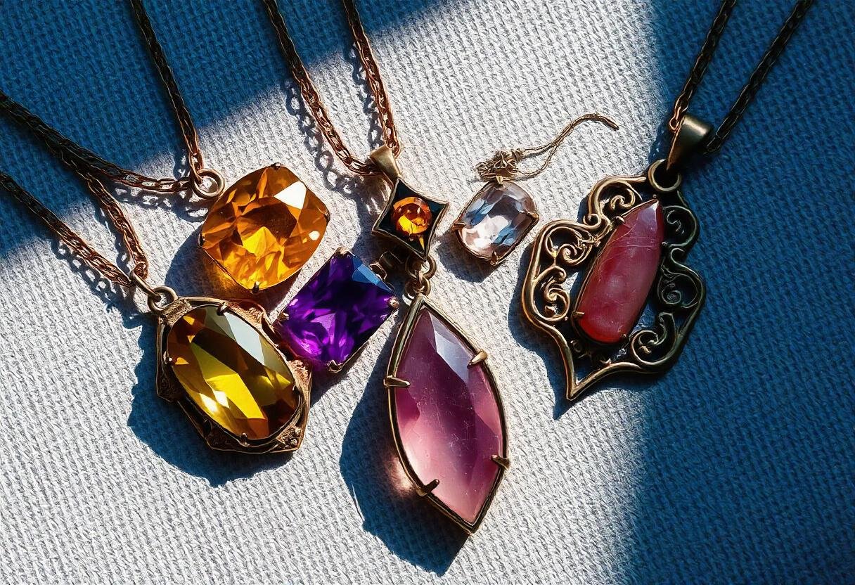 A collection of bold, unique jewelry pieces displayed on a textured background, featuring colorful gemstones, artistic metals, and creative designs that reflect contemporary art styles.