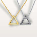 Men's stainless steel pendant necklace with triangle design and adjustable chain.