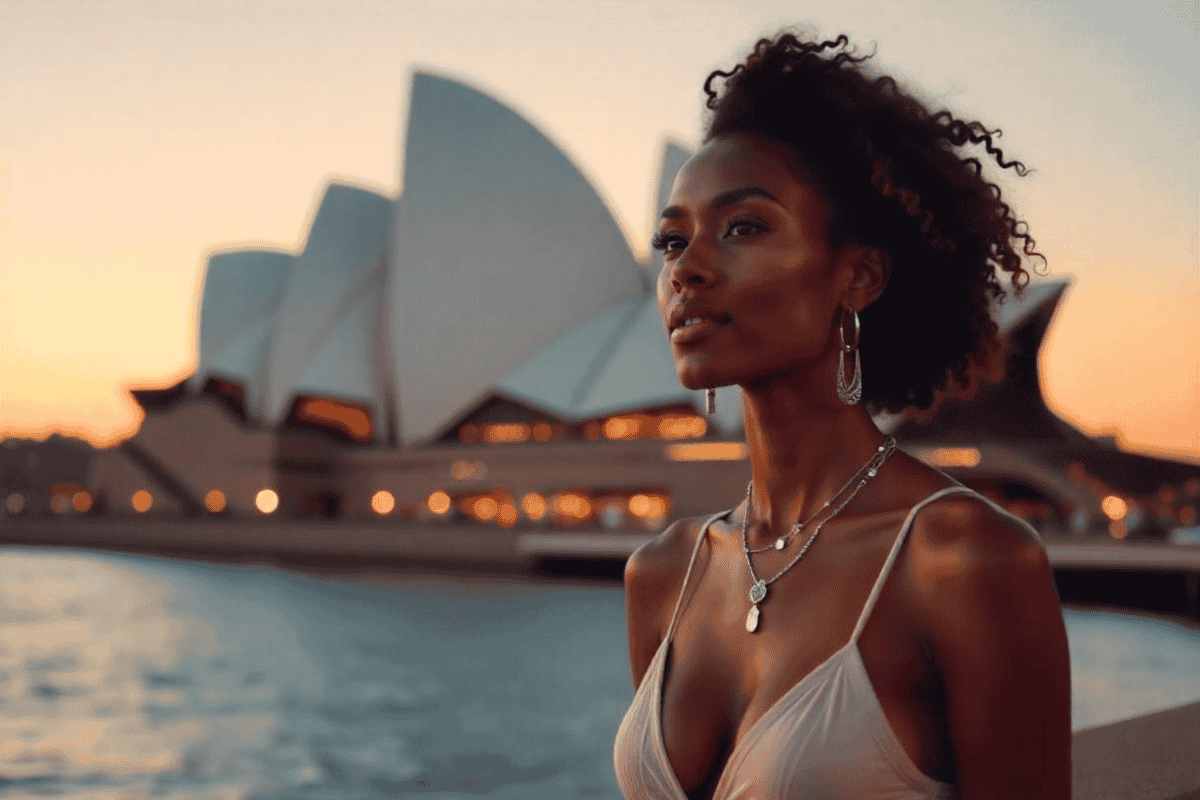 Stylish urban nomad woman in Sydney wearing versatile travel-ready jewelry, including layered necklaces and classic earrings, set against a vibrant city backdrop.