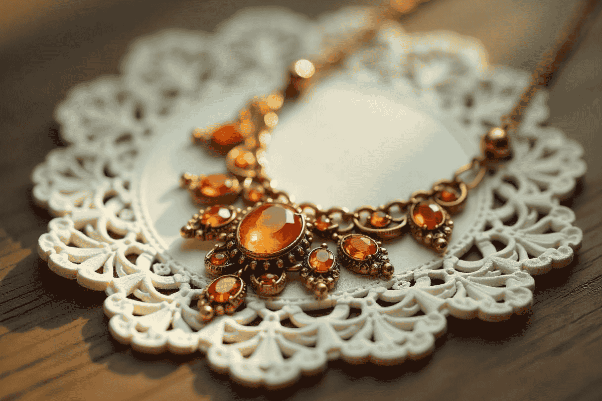 Intricately designed vintage-inspired necklace from VeloriaBijoux placed on antique lace, perfect for a British vintage lover.