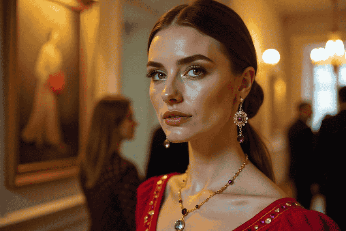 Woman wearing sophisticated, culturally inspired jewelry at a European art gallery, featuring baroque-style gold earrings and a gemstone necklace that complements her elegant attire.
