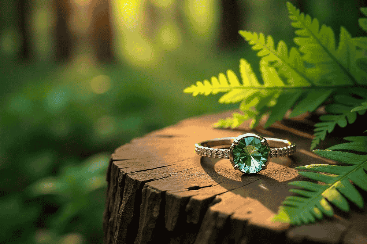 Nature-inspired eco-friendly jewelry displayed on a natural wood surface with Tasmanian native plants and sunlight filtering through leaves.