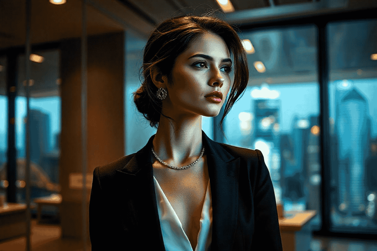 A professionally dressed woman in a modern office setting wearing elegant jewelry, including layered necklaces and stud earrings, symbolizing effective jewelry care for the Corporate Sydneysider.