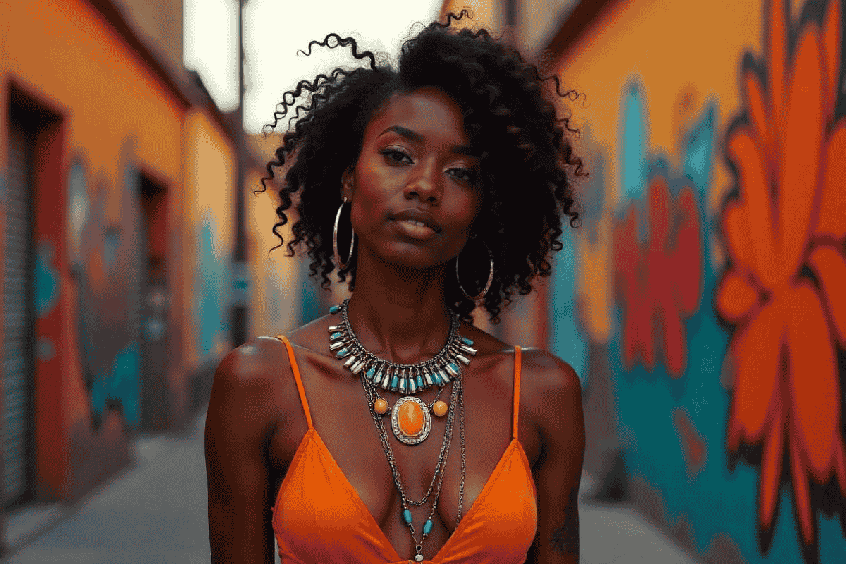Artsy individual showcasing unique jewelry trends in a vibrant urban setting.