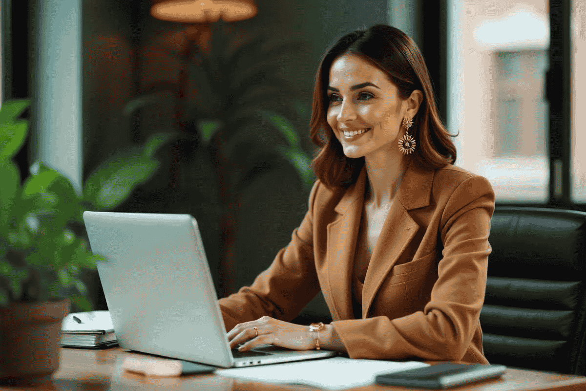 A professional woman showcasing seasonal style with elegant jewelry in a modern office setting.