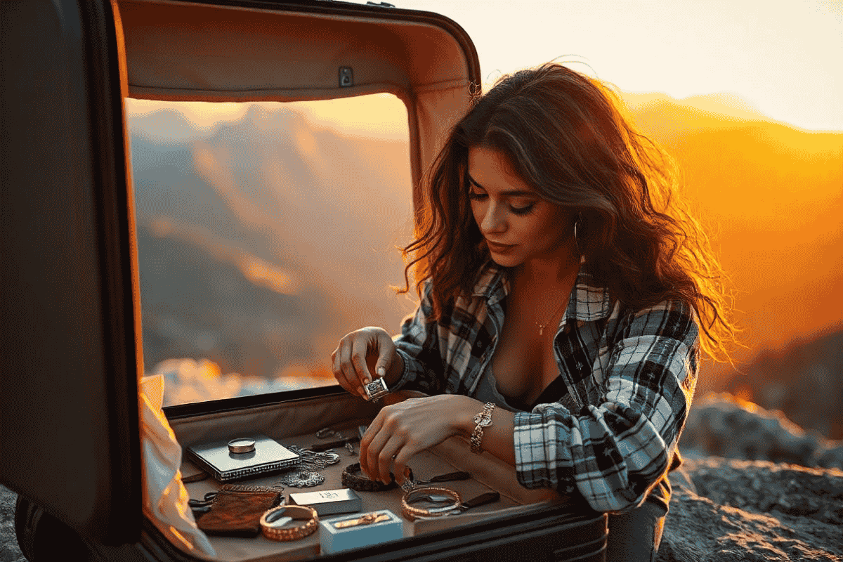A stylish digital nomad packing luxury & investment jewelry while traveling.