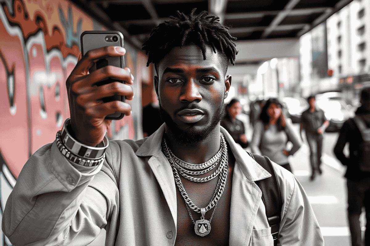 A stylish influencer showcasing jewelry from VeloriaBijoux, engaging with followers in an urban setting.
