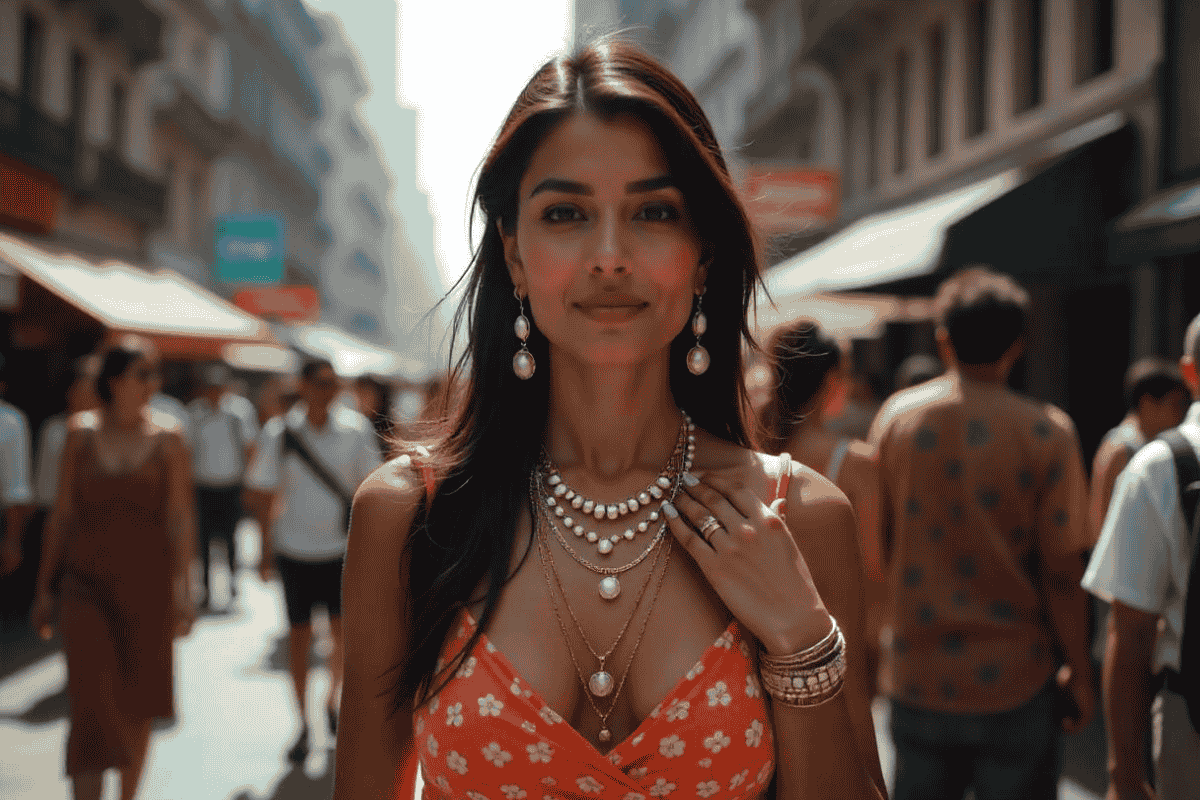 Woman wearing layered jewelry while exploring a vibrant city, demonstrating essential jewelry care tips for urban life.