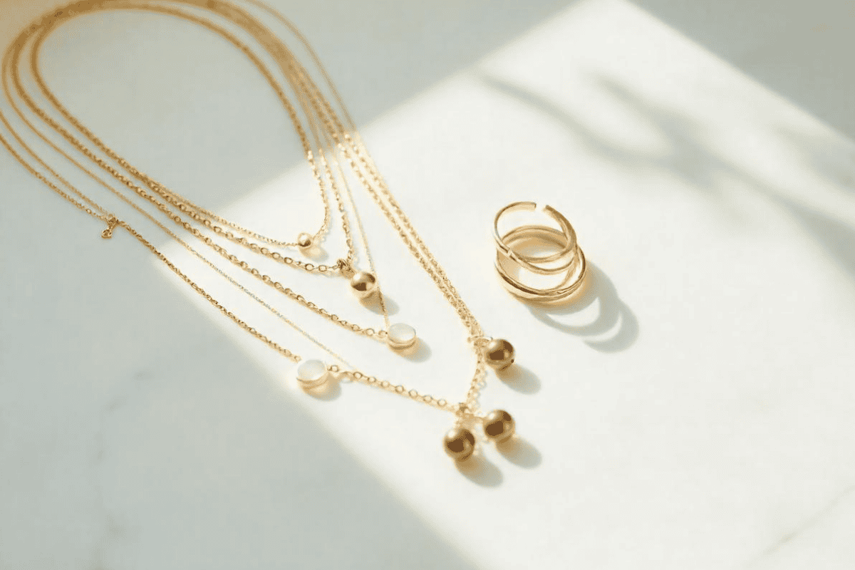 Alt text for the image: "Minimalist jewelry trends featuring delicate necklaces, stackable rings, and sustainable materials.