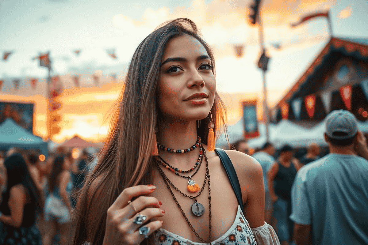 Festival-goer wearing bohemian-inspired festival jewelry trends at a music festival