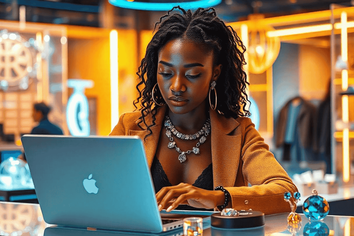 Tech-savvy shopper browsing jewelry online using digital tools