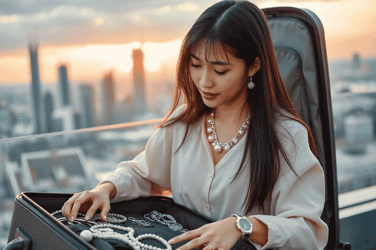 Stylish woman packing jewelry for travel