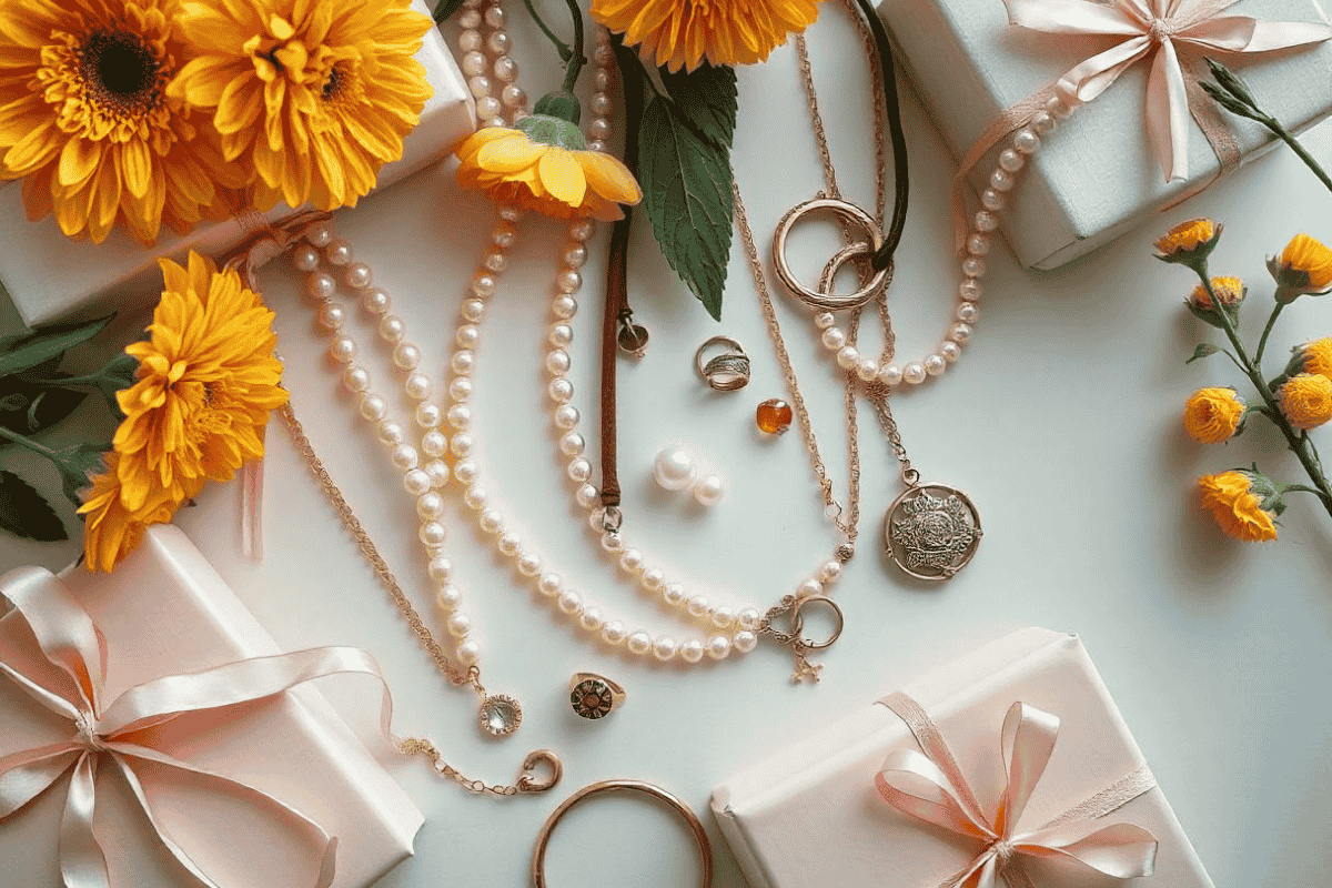 A beautifully arranged collection of thoughtful jewelry gifts, including necklaces and bracelets, ideal for gifting.