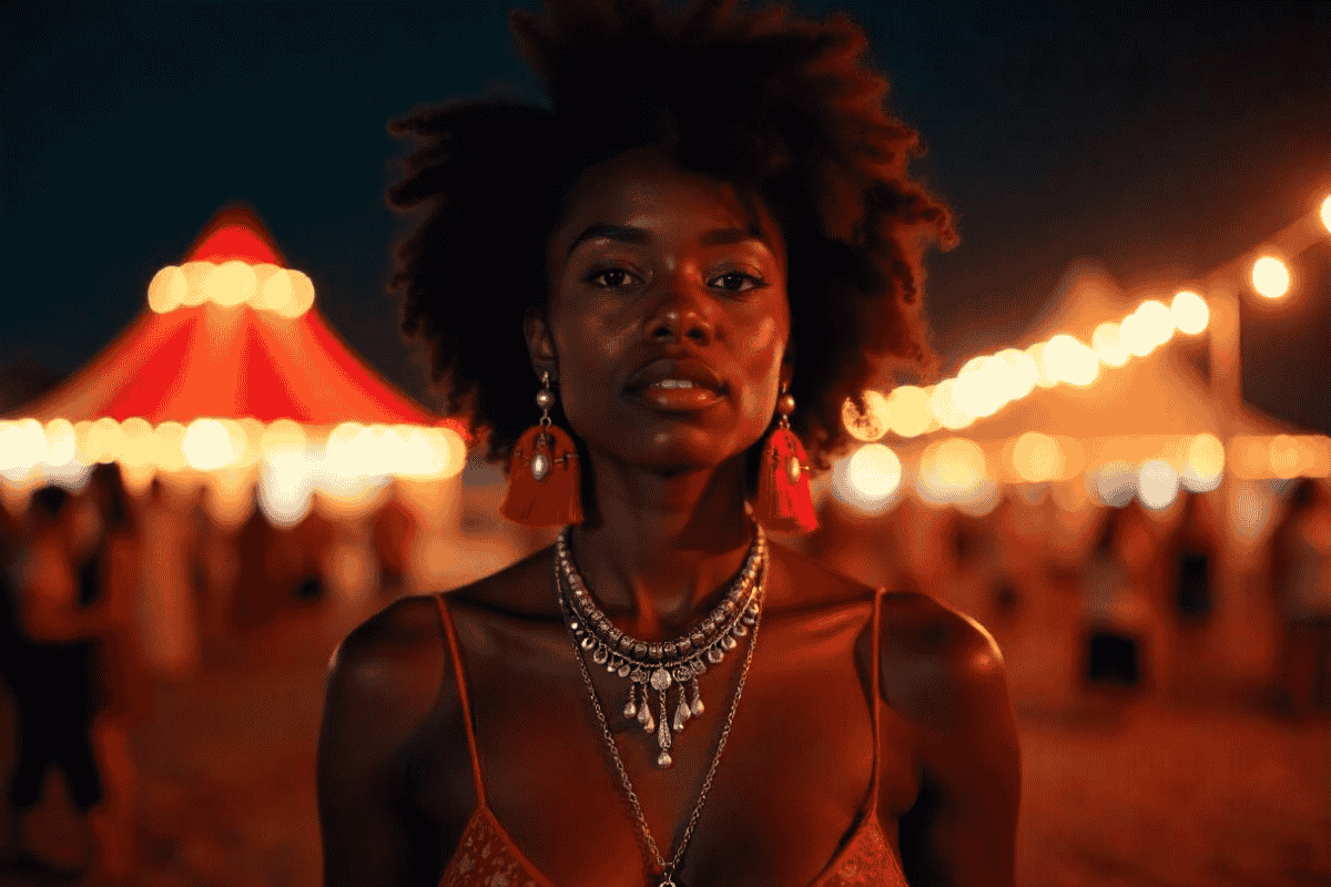 Festival-goer wearing bohemian festival jewelry for women at a vibrant outdoor music event.