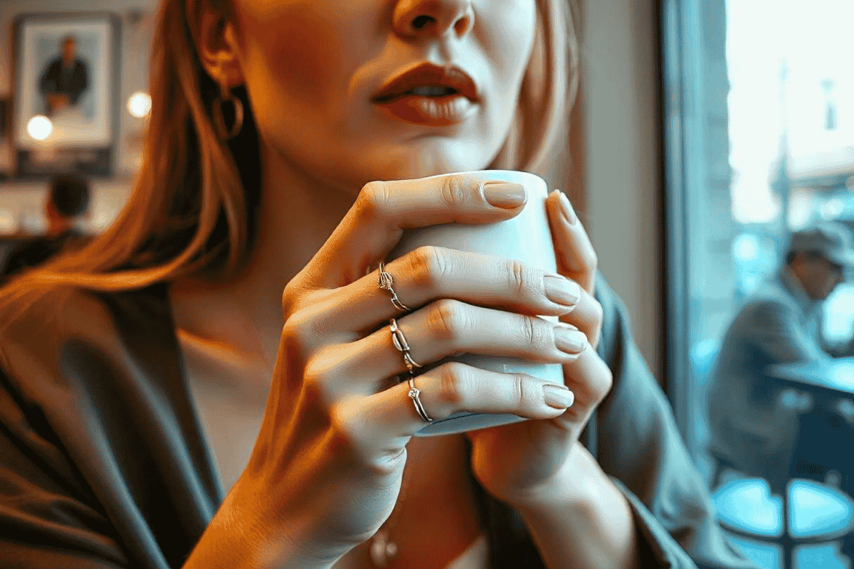 Minimalist jewelry trends for 2024 – Wellington coffee lover wearing gold necklaces and rings in a café.