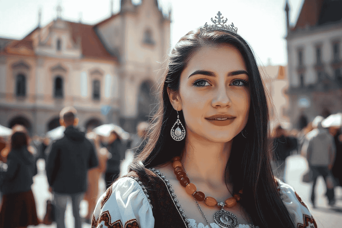 Woman wearing heritage jewelry in traditional Polish attire.