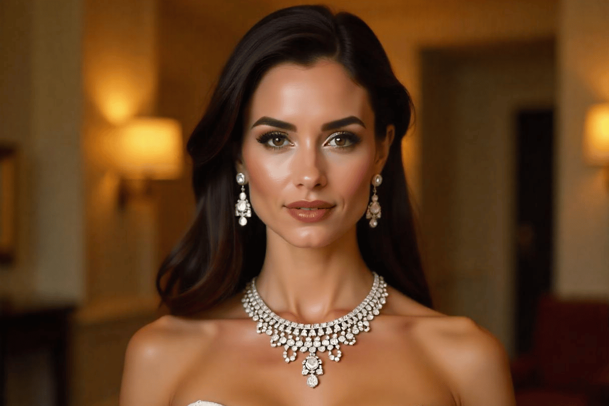 An elegant woman showcasing luxury jewelry, including a radiant diamond necklace and earrings, styled with a chic evening gown in a sophisticated setting.