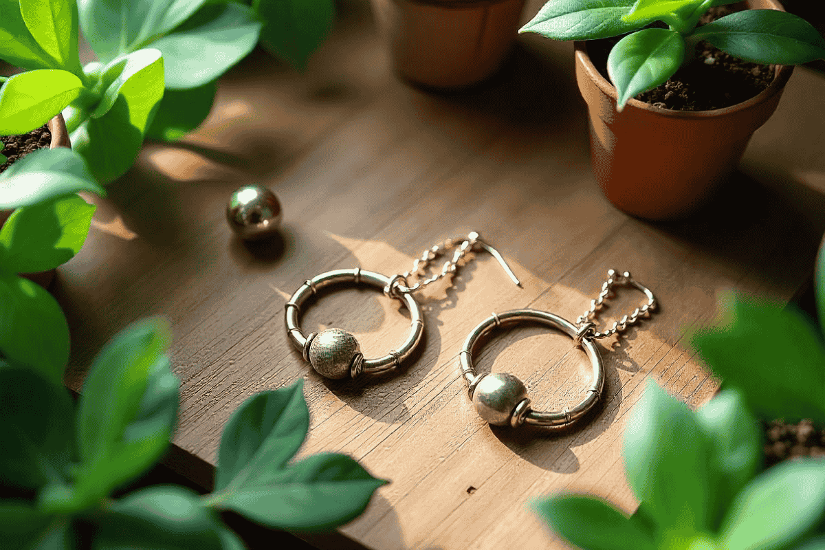 Eco-friendly jewelry pieces made from sustainable materials, surrounded by green foliage, symbolizing the 2024 sustainable jewelry trends.