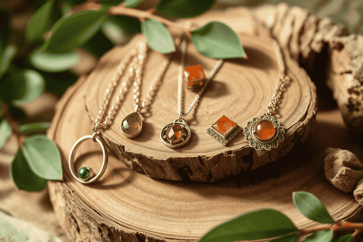 Eco-friendly jewelry pieces displayed on natural materials, showcasing sustainable designs made from recycled metals and ethically sourced gemstones.