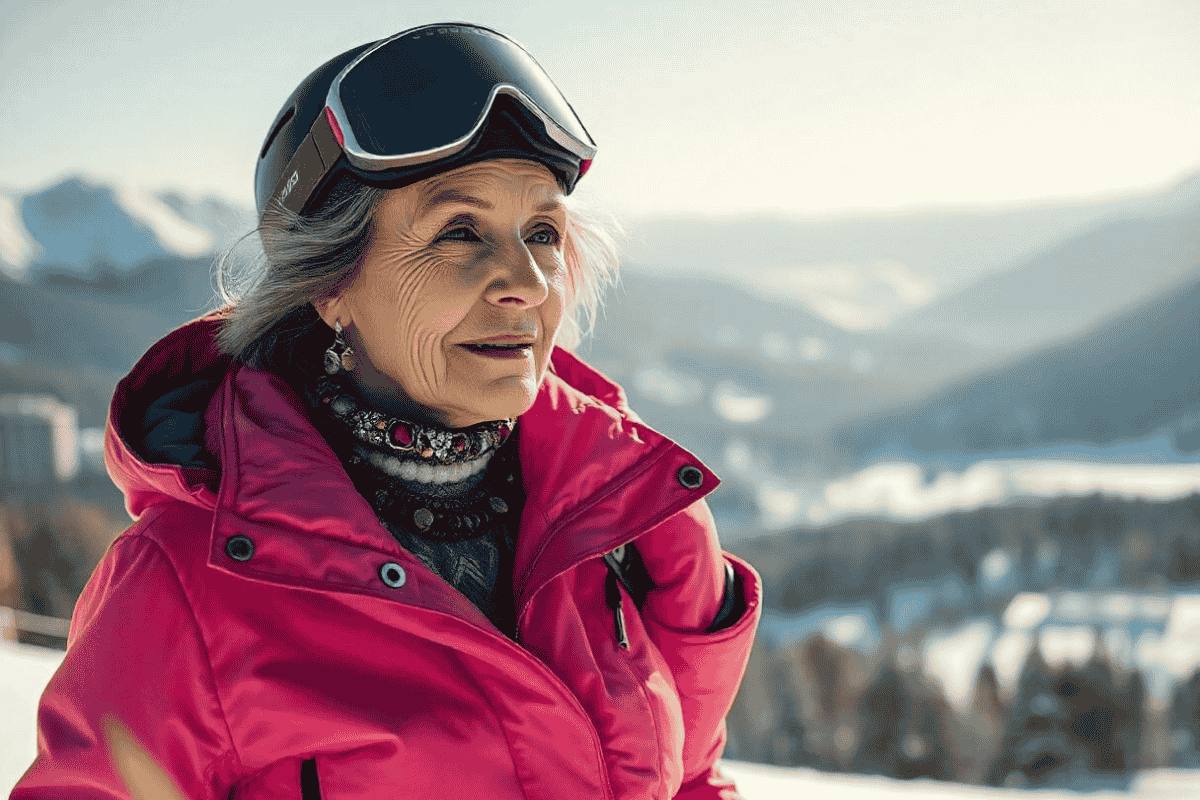 Woman skiing in the mountains wearing durable winter jewelry, showcasing stylish accessories suited for outdoor adventures.