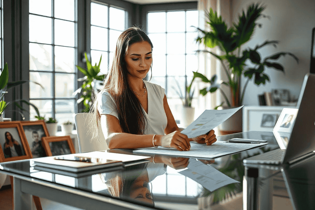 A family-focused professional elegantly wearing versatile jewelry while balancing work and family responsibilities in a modern workspace.