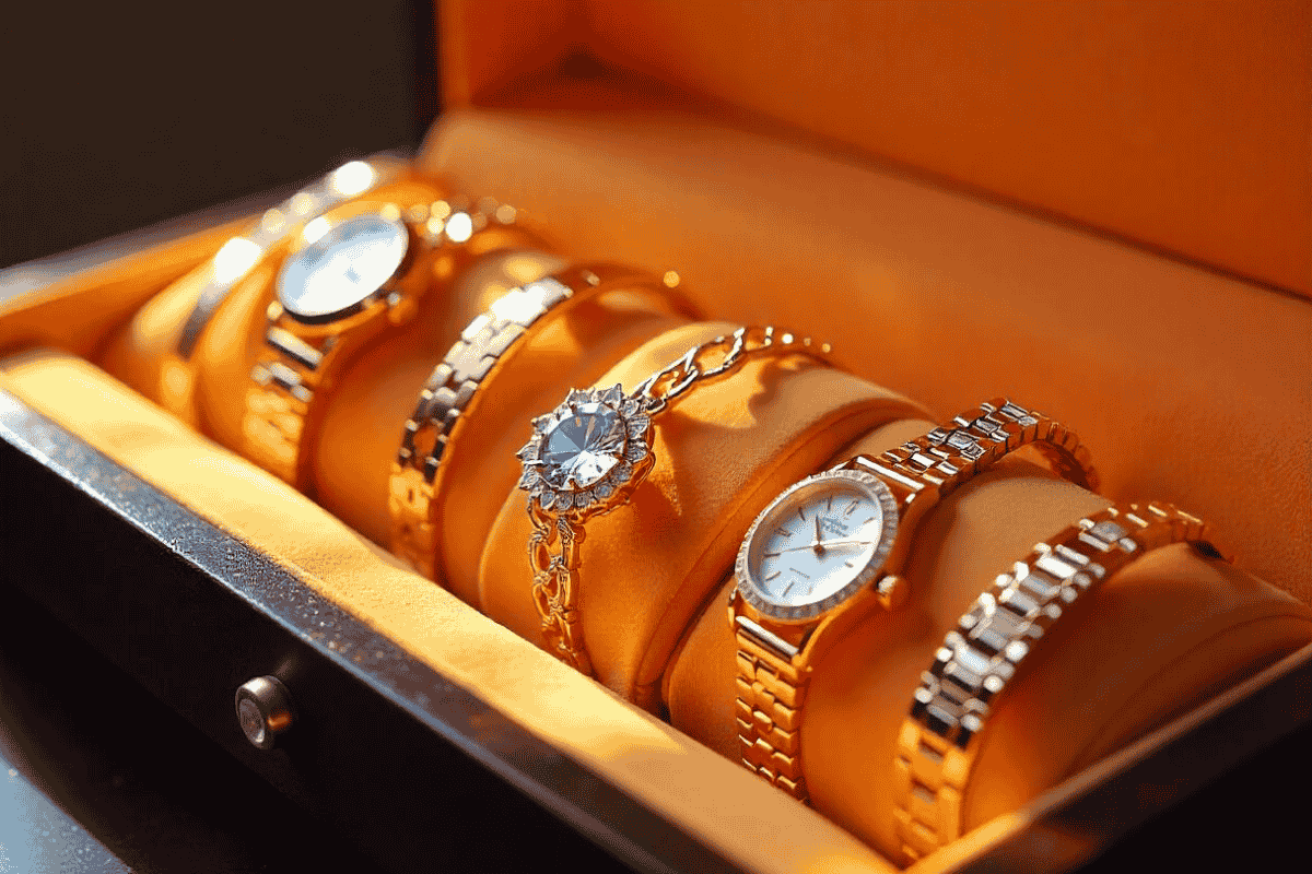 Luxury jewelry care tips - gold, platinum, and diamond pieces stored in a velvet jewelry box.