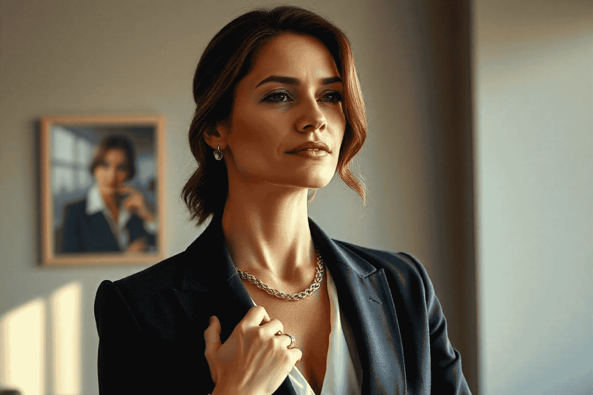 A corporate woman in a stylish blazer showcasing elegant sustainable jewelry, including a delicate gold necklace and bracelet, in a chic office setting.