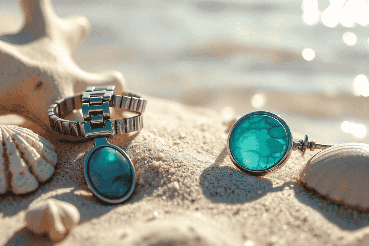 Coastal-inspired jewelry display with stainless steel, aquamarine, and abalone shell pieces against a beach backdrop, perfect for stylish beach wear.