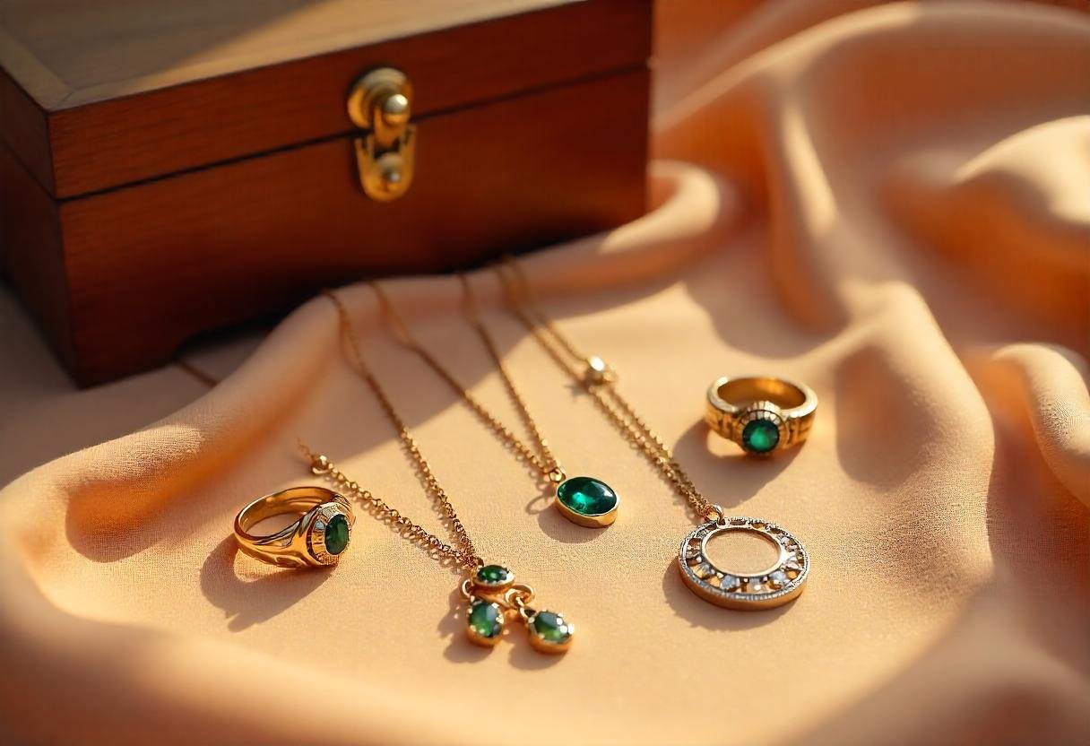 Flat lay of vintage jewelry on velvet cloth featuring gold rings, silver necklaces, and gemstone earrings with a wooden jewelry box, showcasing timeless elegance and craftsmanship.
