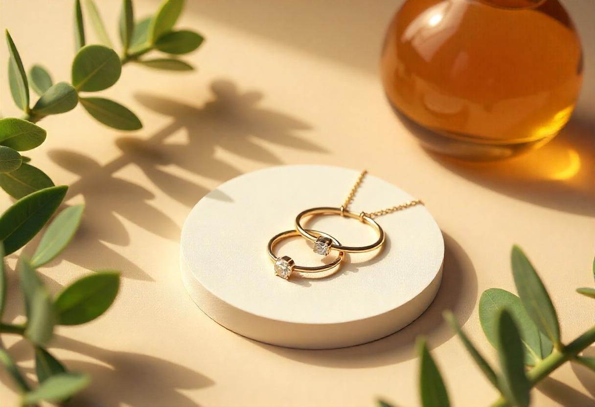 Minimalist sustainable jewelry featuring recycled gold rings, lab-grown diamond necklaces, and eco-friendly packaging on a neutral background.