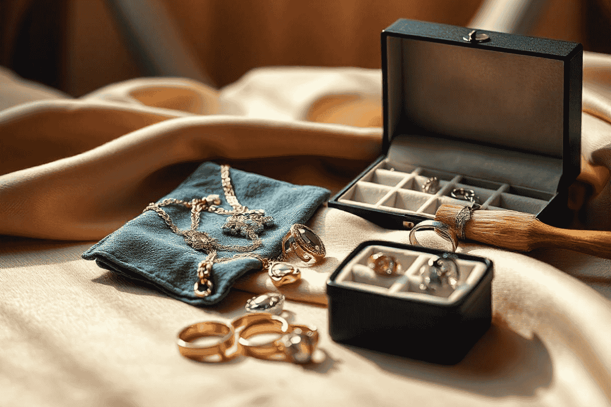 Elegant jewelry care for formal occasions with gold and silver pieces, cleaning tools, and a jewelry box on soft fabric. Perfect for preserving sparkle and maintaining quality in event styling.