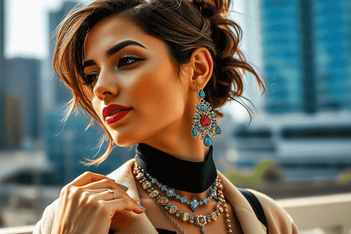 Fashion influencer showcasing VeloriaBijoux jewelry with layered necklaces and statement earrings in an urban setting, highlighting the vibrant designs and trends in jewelry.
