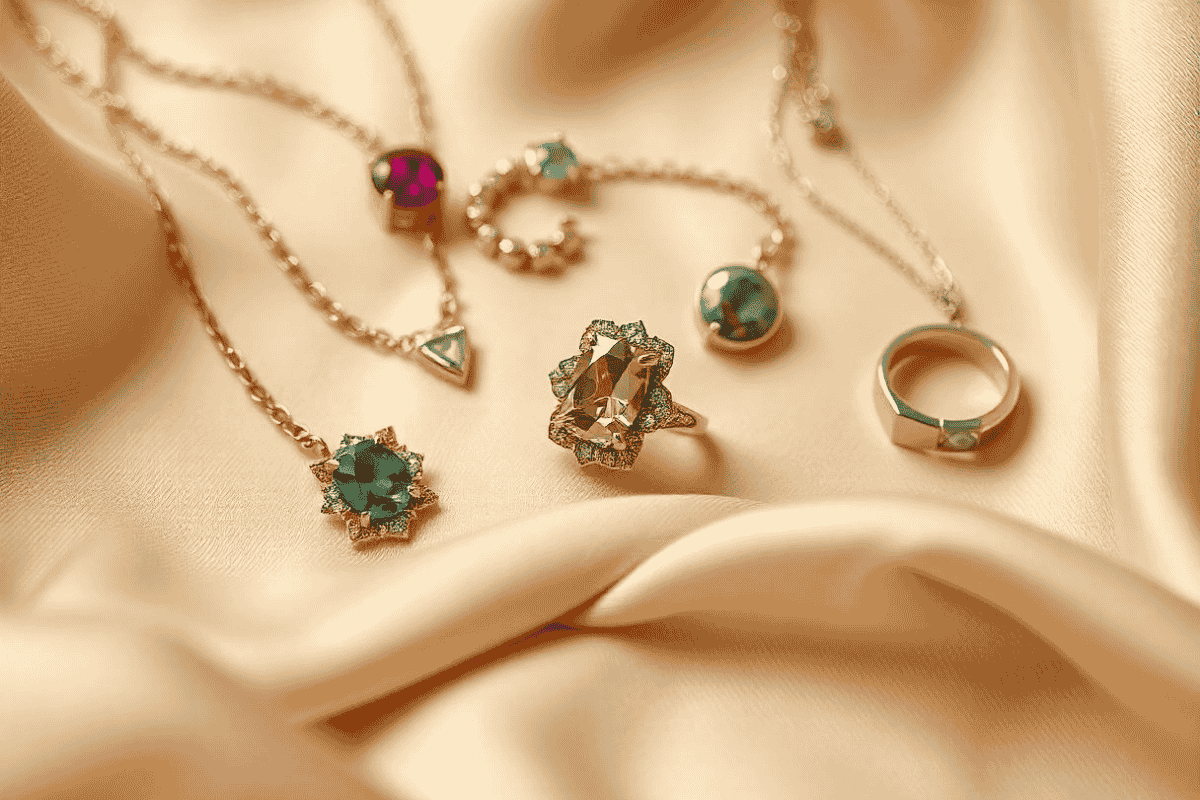 Flat lay of 2024 jewelry trends featuring a mix of gold and silver pieces, statement gemstone rings, delicate minimalist chains, and vintage-inspired designs on a luxurious silk backdrop, showcasing Italian glamour and style.