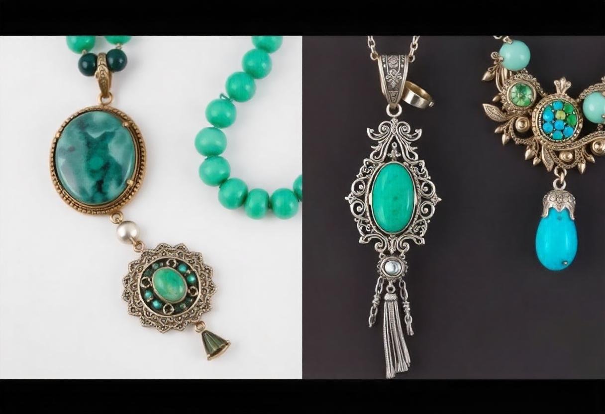 Culturally inspired jewelry materials like jade and turquoise reflecting heritage and craftsmanship.