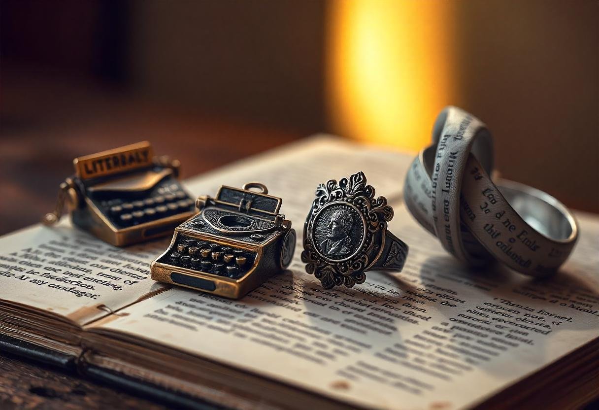 A collection of literary-inspired jewelry pieces arranged neatly in a velvet-lined box, showcasing their shine and detailing.