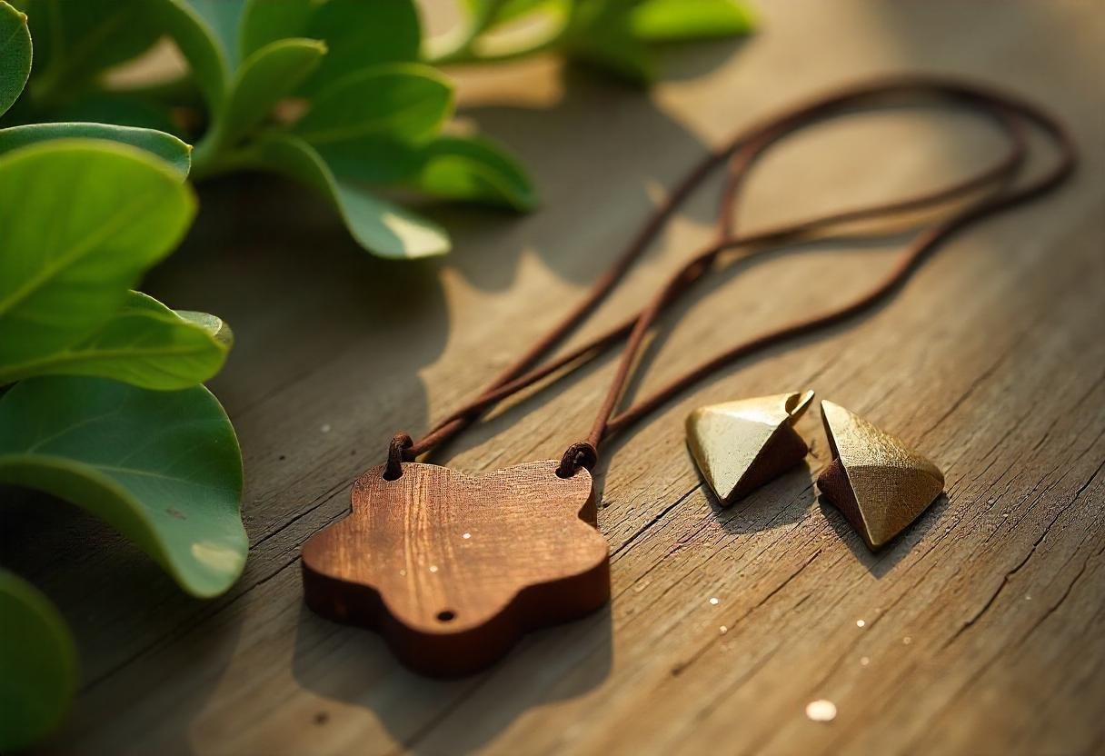 Eco-friendly jewelry pieces laid out on a rustic wooden surface with green foliage, symbolizing sustainable fashion choices.