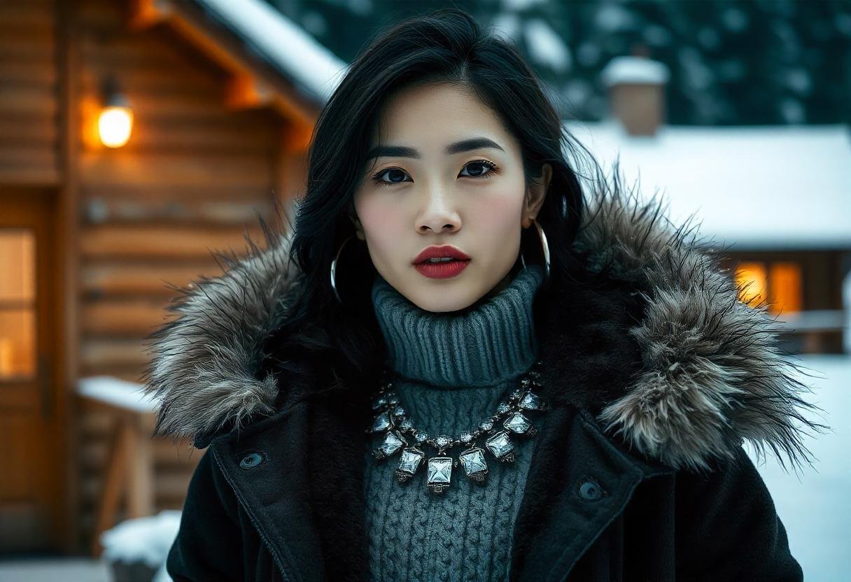 A fashionable woman in winter attire, showcasing bold winter jewelry trends with statement earrings and necklaces.