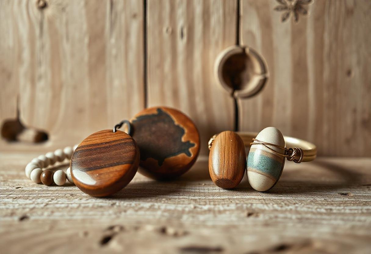 Eco-conscious jewelry made from sustainable materials displayed on a wooden surface.