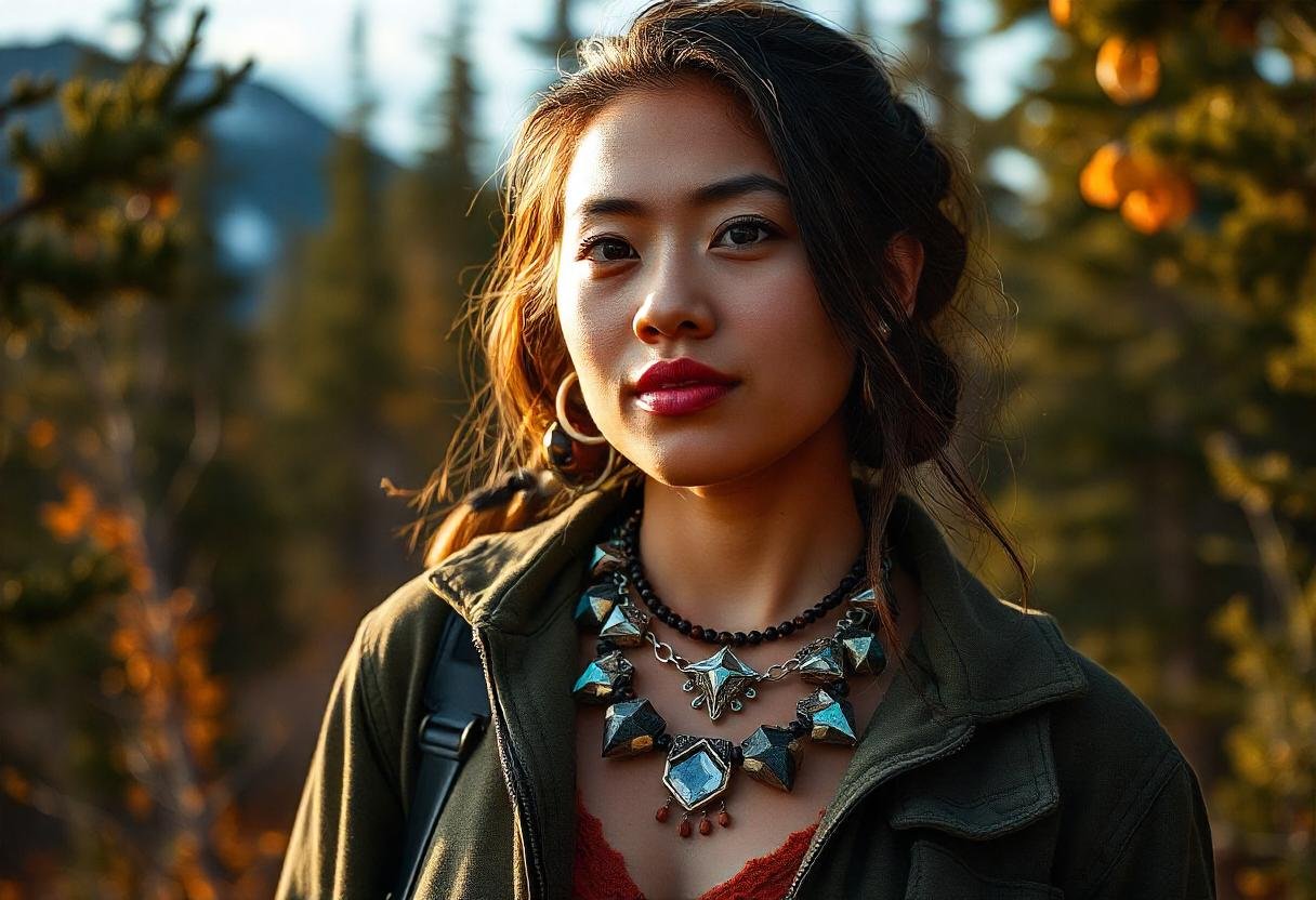 A confident woman showcasing northern-themed jewelry in a rugged Yukon landscape, representing adventure and style.