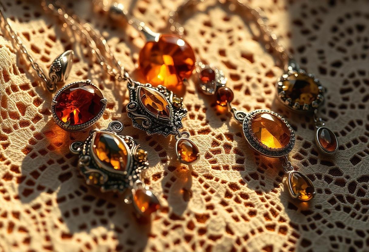 Close-up of traditional Polish jewelry featuring amber and silver, showcasing the intricate craftsmanship and historical materials in a warm, nostalgic tone.