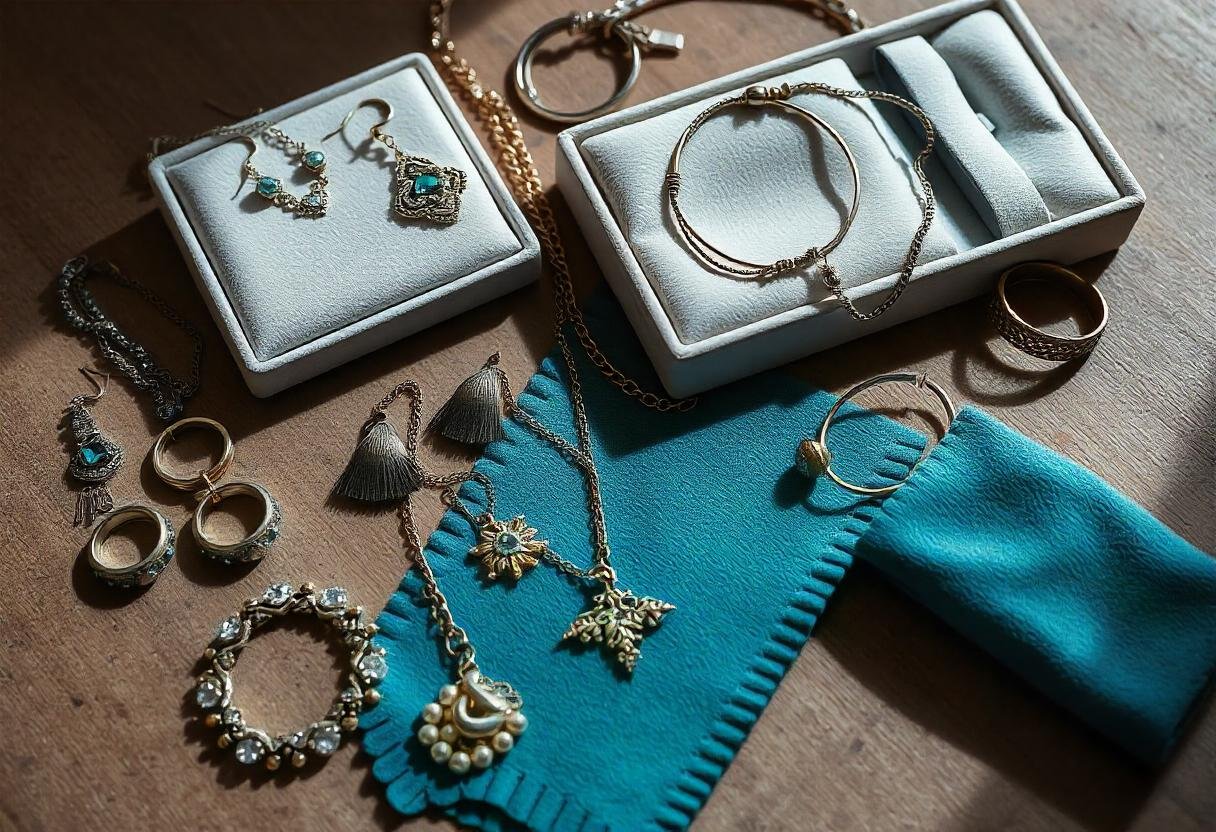 Jewelry care guide for Canadian-made jewelry featuring a flat lay of earrings, necklaces, and care supplies.