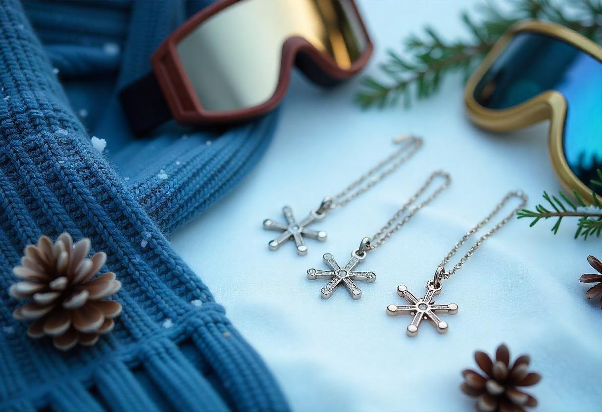 Winter sport jewelry flat lay featuring durable necklaces, bracelets, and minimalist earrings on a snowy background with winter gear, perfect for skiers and snowboarding enthusiasts.