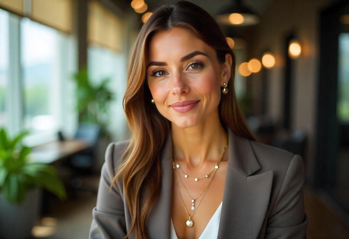Urban professional woman wearing day-to-night jewelry in an office setting, featuring classic stud earrings, layered necklaces, and stackable rings, perfect for transitioning from work to evening events.