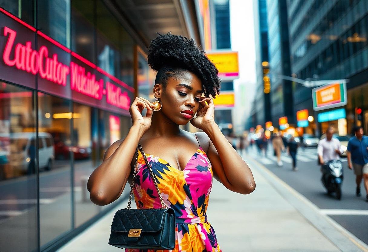 Jewelry care tips for urban professionals - a woman adjusting her jewelry in a city backdrop.