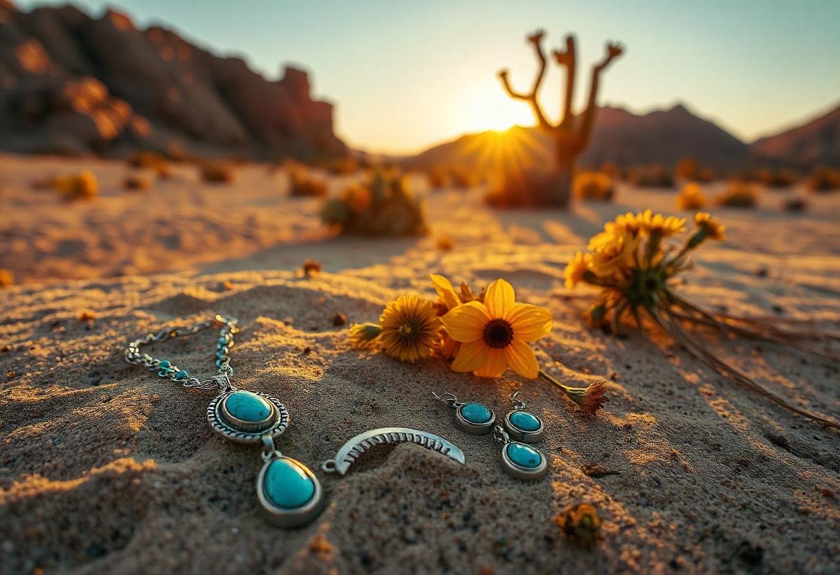 Southwestern-inspired jewelry styled with desert landscapes in the background